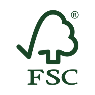 The green FSC logo features a tree outline with a check mark forming part of the trunk and the letters FSC below it, indicating Forest Stewardship Council certification.