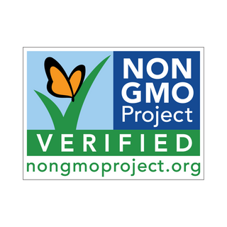 Non-GMO Project Verified label featuring an orange butterfly perched on a green blade of grass, with the website nongmoproject.org displayed at the bottom.