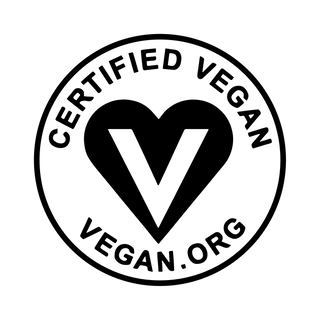A circular black and white logo with the words Certified Vegan at the top, vegan.org at the bottom, and a heart-shaped V symbol in the center.