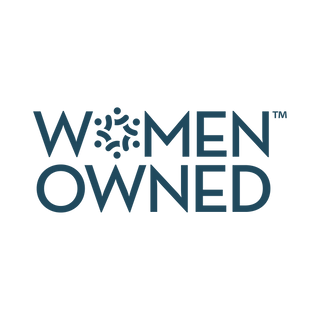 The image features the words WOMEN OWNED in bold blue letters, with a circular symbol made of abstract human figures replacing the O in WOMEN.