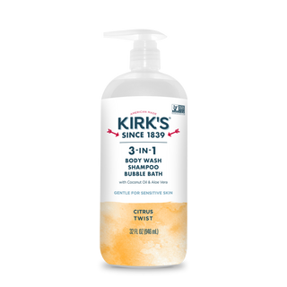 A clear 32 fl oz (946 mL) bottle of Citrus Twist - 3-in-1 Cleanser with a pump dispenser and white label, enriched with Coconut Oil and aloe vera for gentle care of sensitive skin.