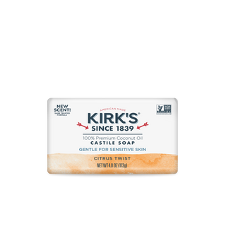 Citrus Twist - Castile Bar Soap: 4 oz, made with 100% non-GMO coconut oil. Gentle for sensitive skin, featuring a new scent. Proudly American made, as shown on the packaging.