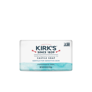 Bar of Kirk’s Fragrance Free - Castile Bar Soap with white packaging, blue text, water design; label states 100% Premium non-GMO Coconut Oil, Gentle for Sensitive Skin, Fragrance Free, Net Wt 4 oz (113g).