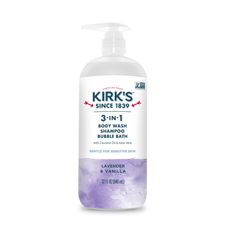 A bottle of Lavender & Vanilla - 3-in-1 Cleanser with a pump dispenser, for body, hair, and bubble bath. The label highlights coconut oil and aloe vera, making it gentle for sensitive skin.