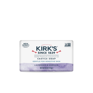 A bar of Lavender & Vanilla - Castile Bar Soap, labeled “100% Premium non-GMO Coconut Oil, Gentle for Sensitive Skin, Net Wt 4 oz (113g),” with a purple watercolor design and “New Scent!” text at the top left.