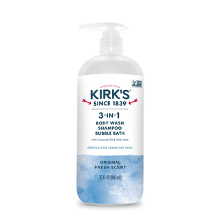 A 32 fl oz clear plastic pump bottle of Original Fresh Scent - 3-in-1 Cleanser with Non-GMO Coconut Oil and aloe vera, gentle for sensitive skin—ideal as a body wash, shampoo, or bubble bath.