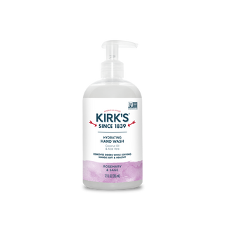 Kirk’s Rosemary & Sage - Hydrating Hand Wash comes in a clear plastic pump bottle with a white label, blue and purple text/graphics, effectively neutralizing odors. Contains 12 fl oz (354 mL) of hydrating soap.