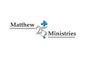 Logo for Matthew 25 Ministries featuring the words Matthew and Ministries with lines underneath, and a blue cross with a green leaf forming the number 25 in the center.